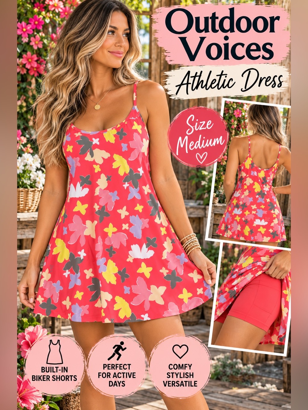 Outdoor Voices Coral Floral Active Mini Dress with Biker Shorts